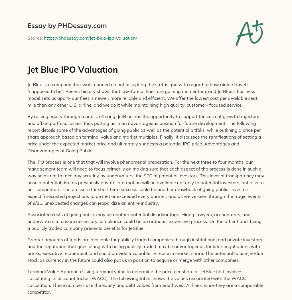 Jet Blue IPO Valuation essay