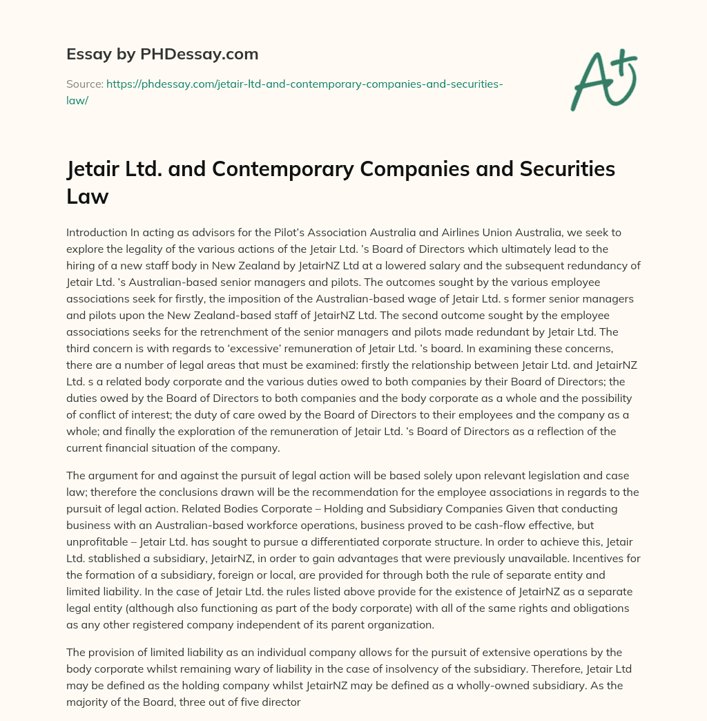 Jetair Ltd. and Contemporary Companies and Securities Law essay