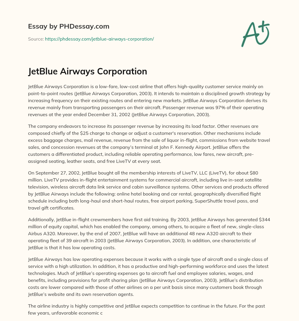 JetBlue Airways Corporation essay