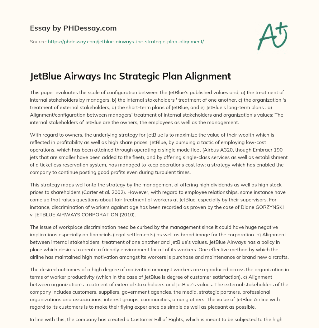 JetBlue Airways Inc Strategic Plan Alignment essay