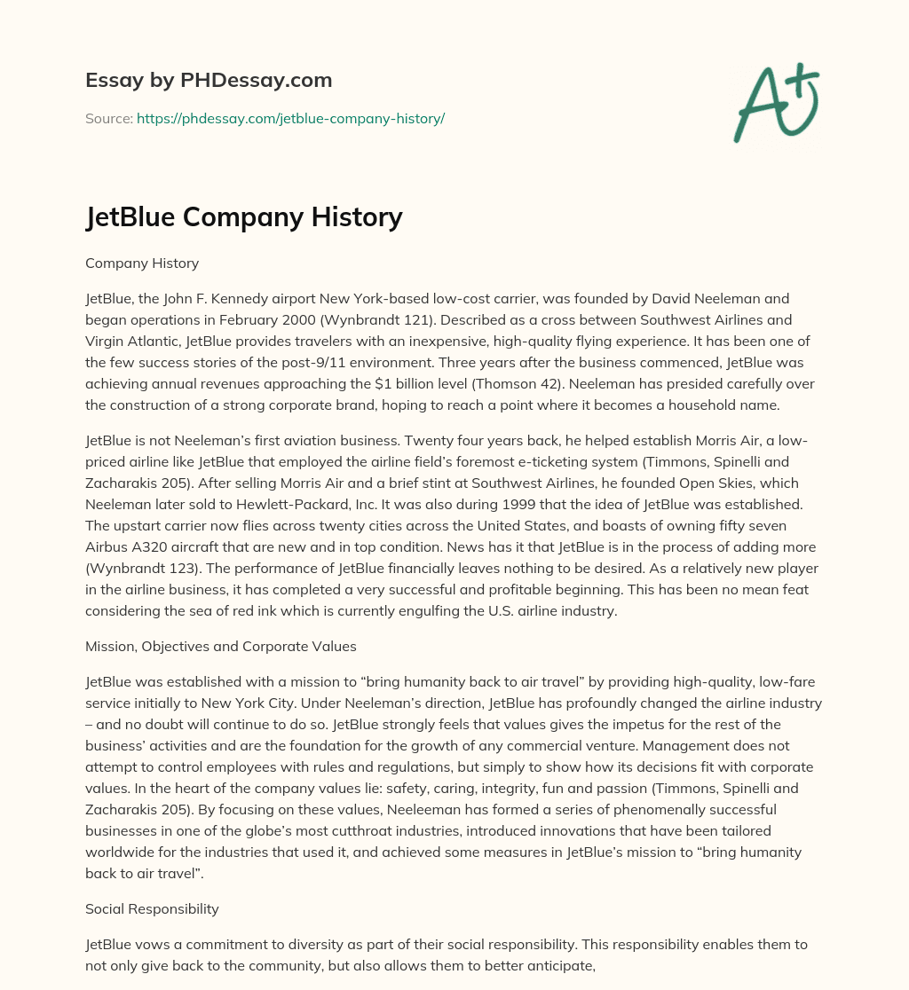 JetBlue Company History essay