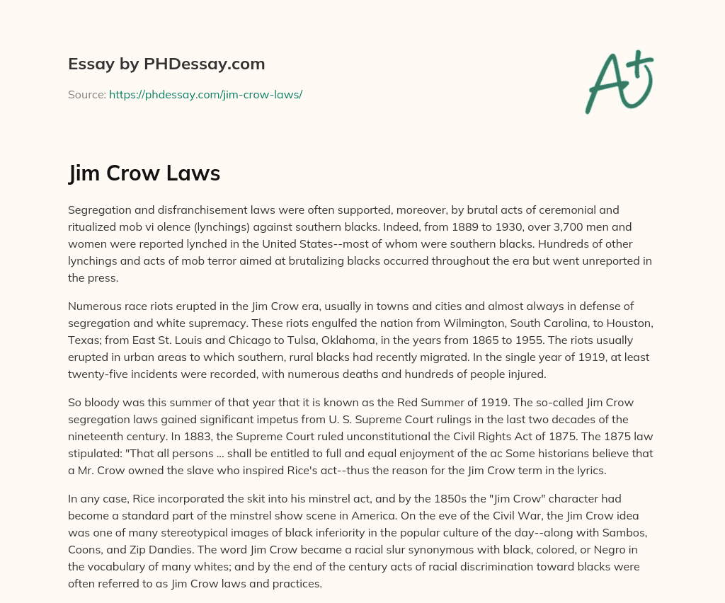 Segregation and Violence Against Southern Blacks in the Jim Crow Era essay
