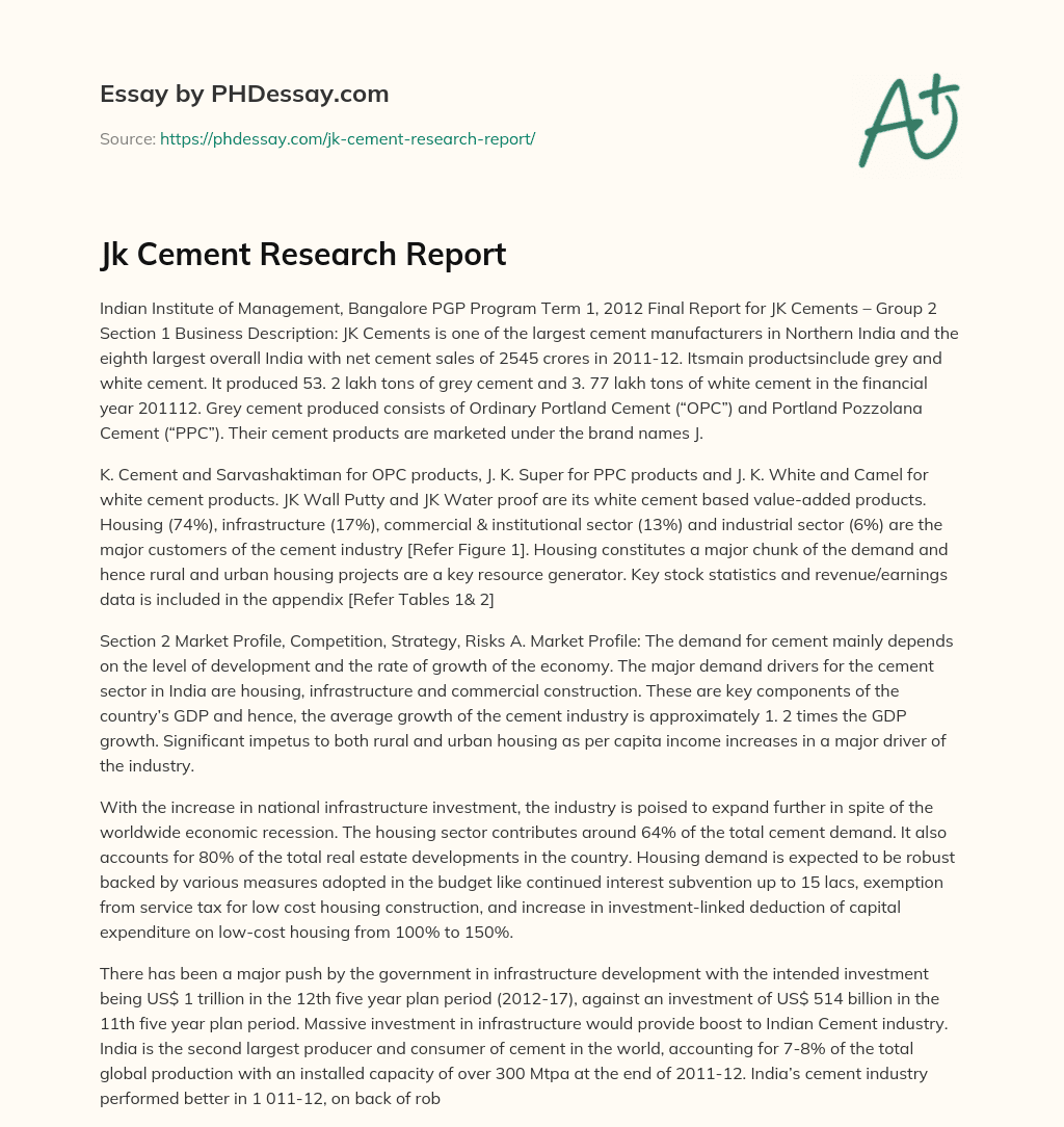 Jk Cement Research Report essay