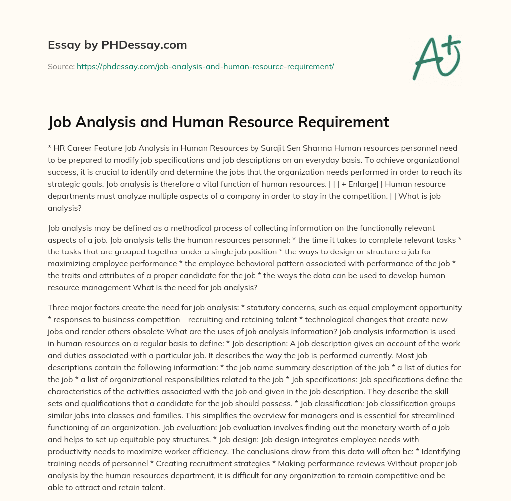 Job Analysis and Human Resource Requirement essay