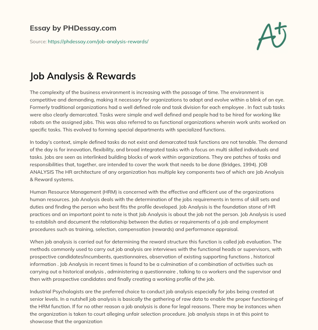 Job Analysis & Rewards essay