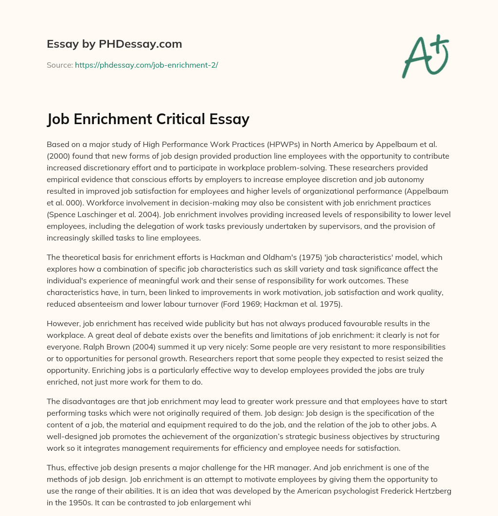Job Enrichment Critical Essay essay