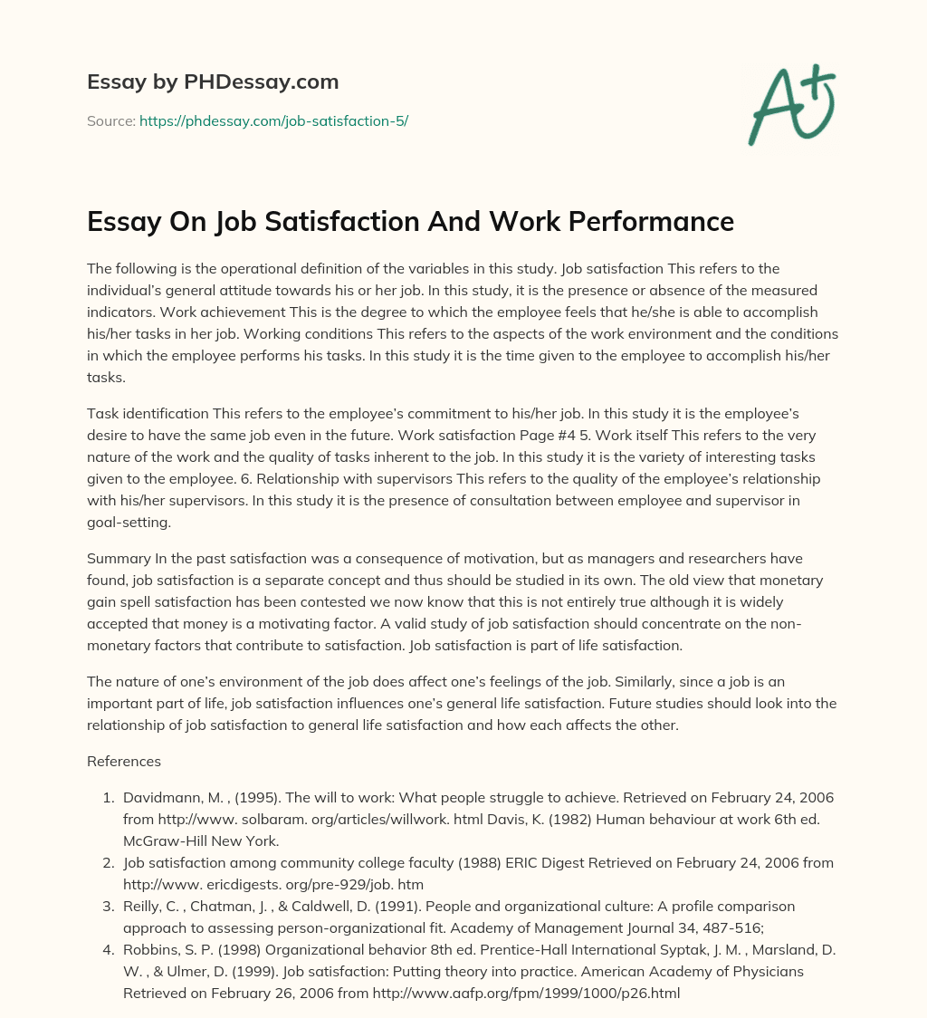 Essay On Job Satisfaction And Work Performance essay