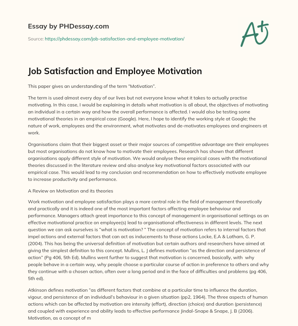 research proposal on motivation and job satisfaction