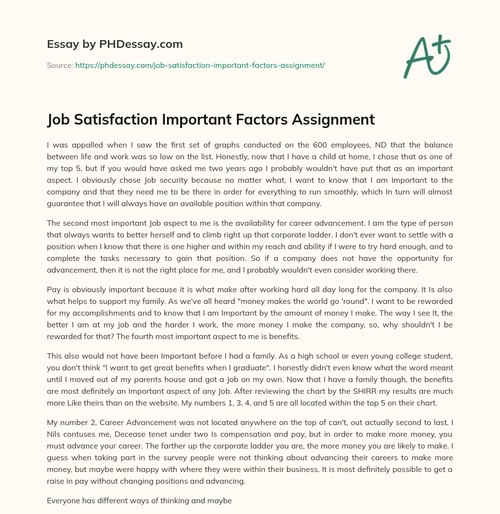 Job Satisfaction Important Factors Assignment essay
