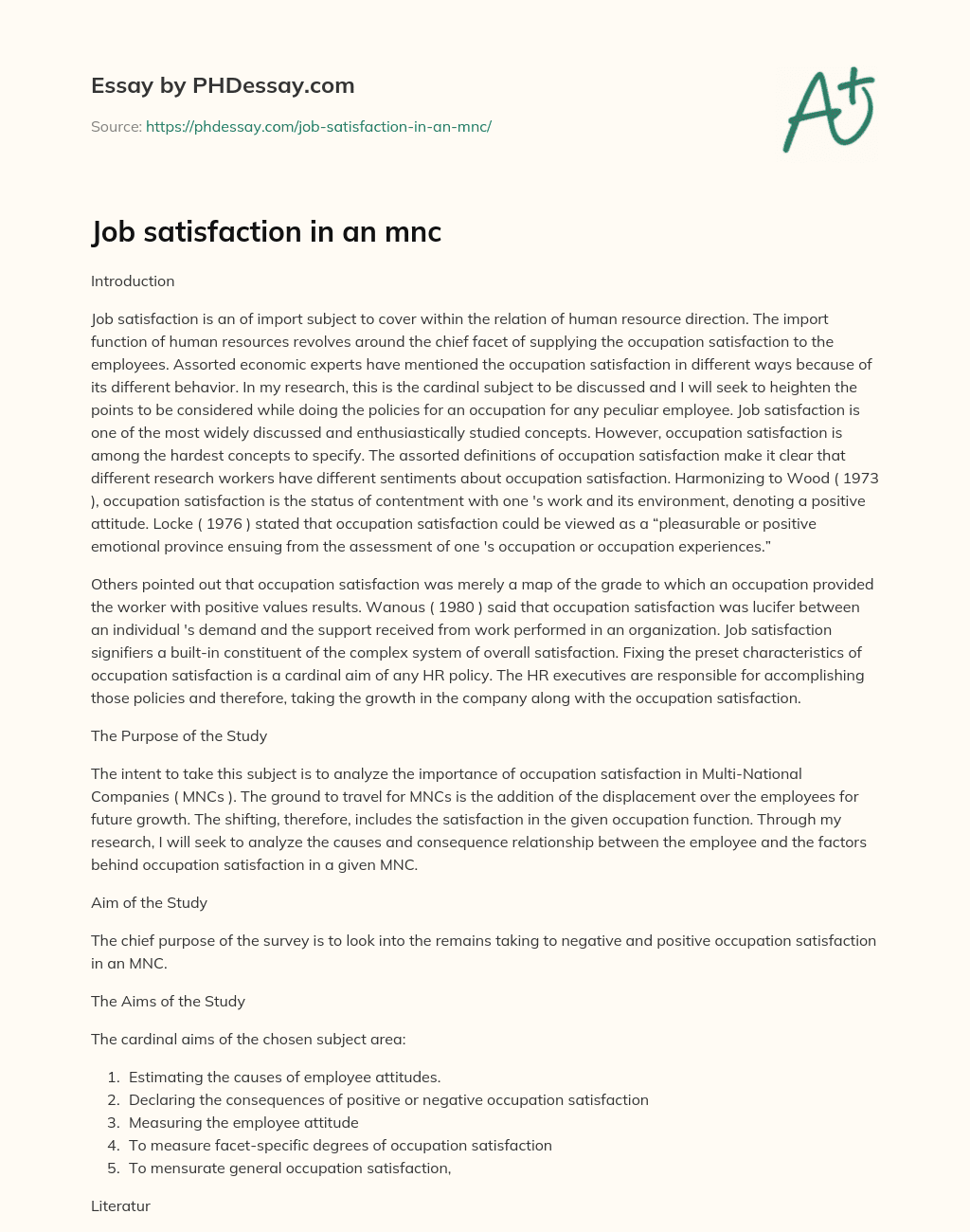 Job satisfaction in an mnc essay