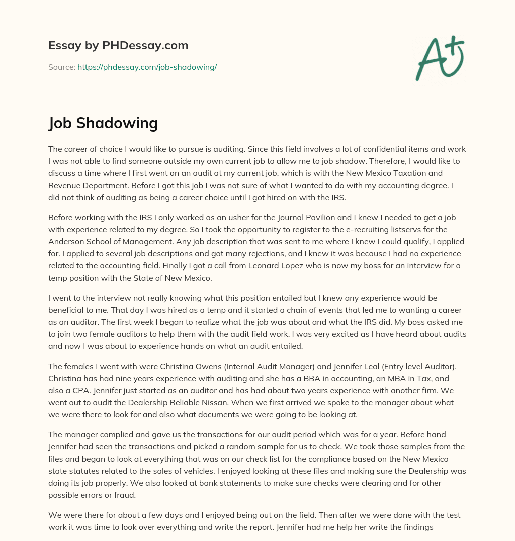 Job Shadowing essay