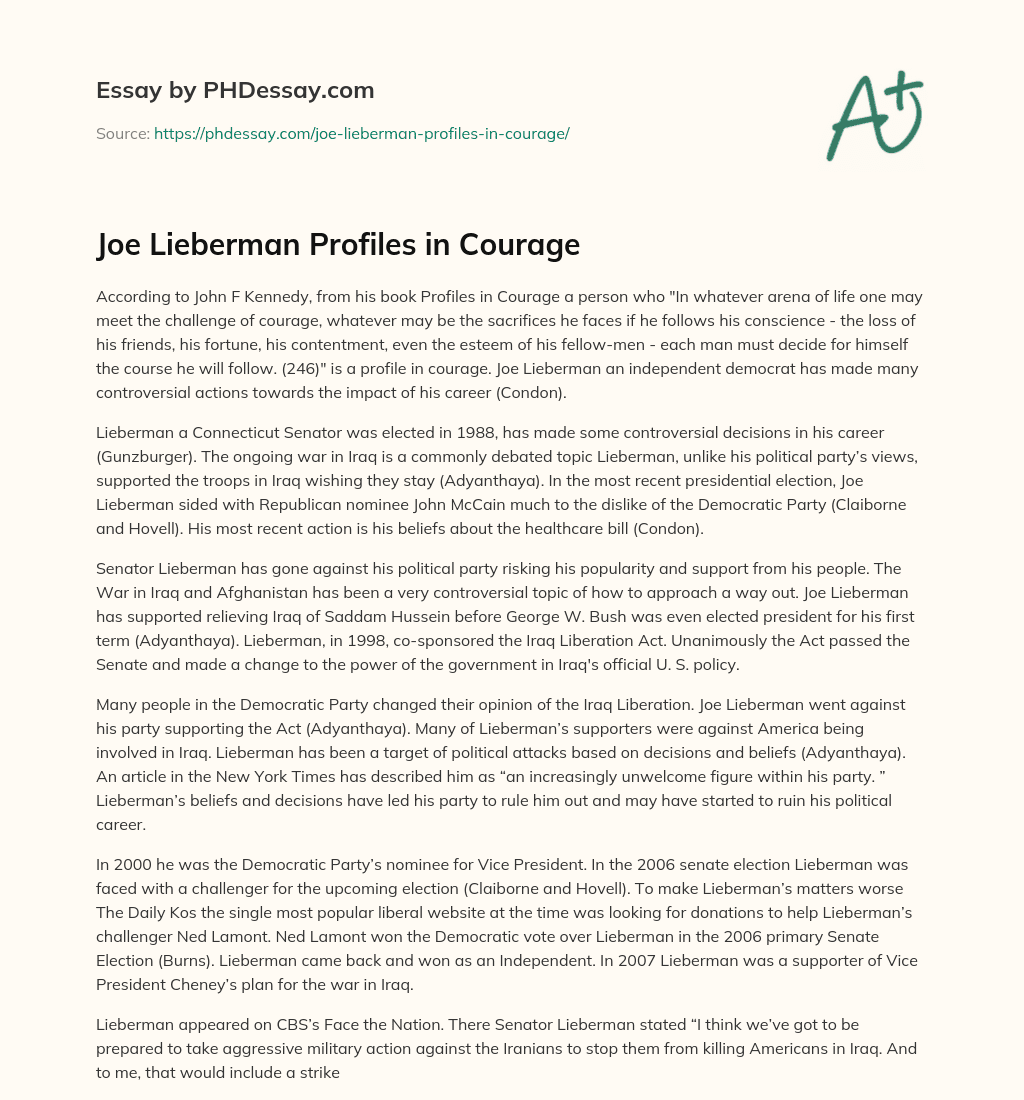 Joe Lieberman Profiles in Courage essay