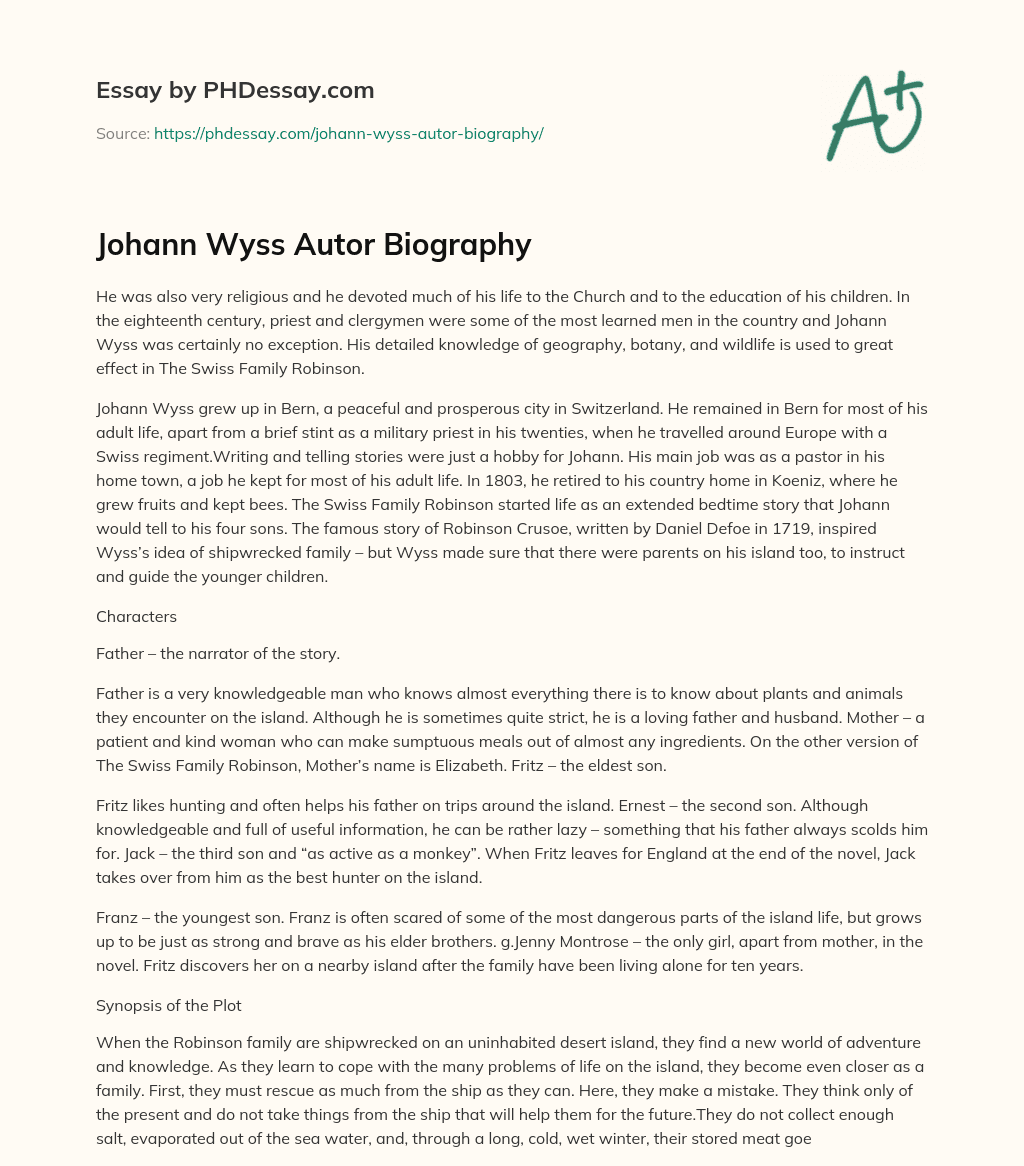 Johann Wyss Autor Biography - PHDessay.com