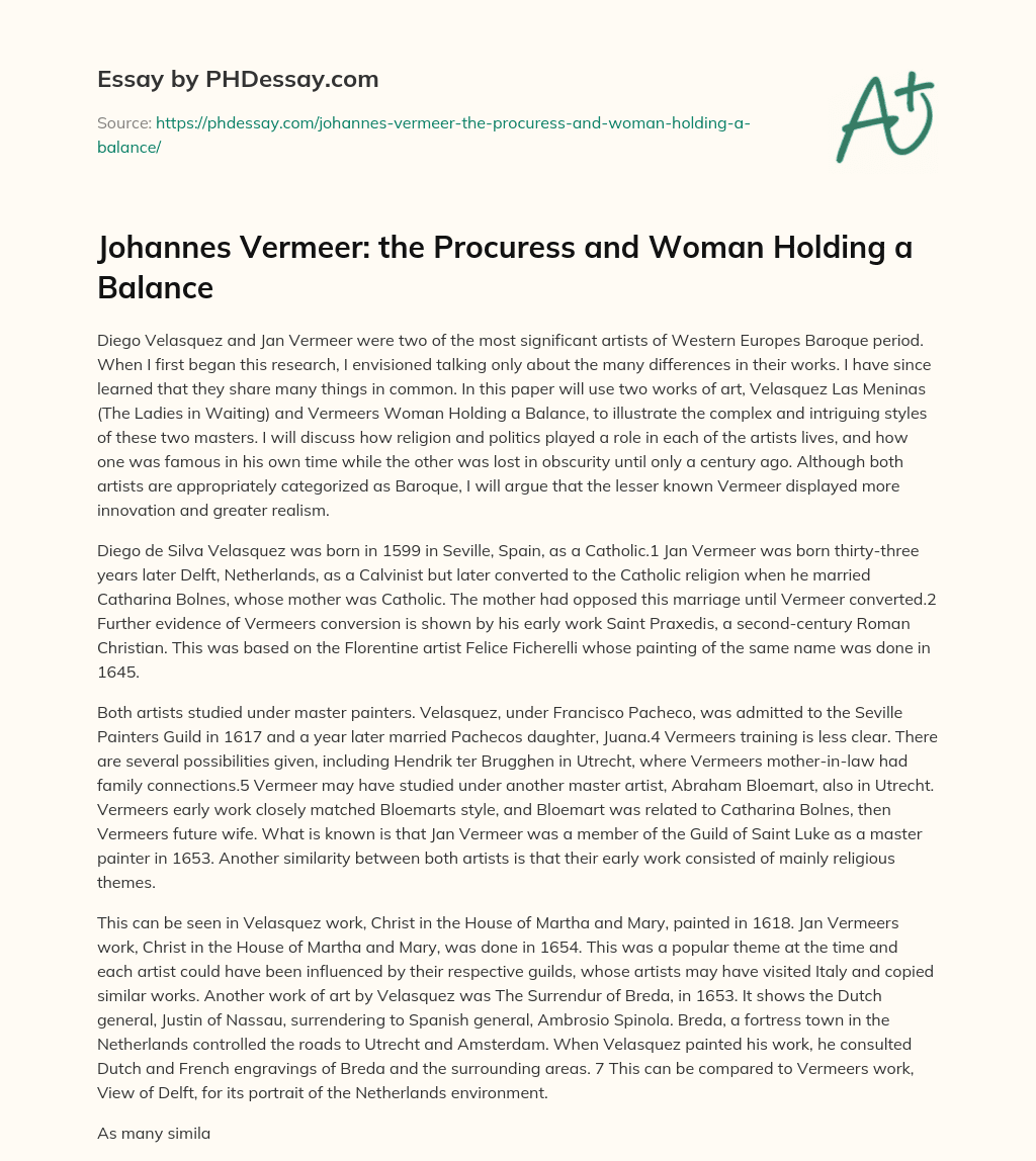 Johannes Vermeer: the Procuress and Woman Holding a Balance essay