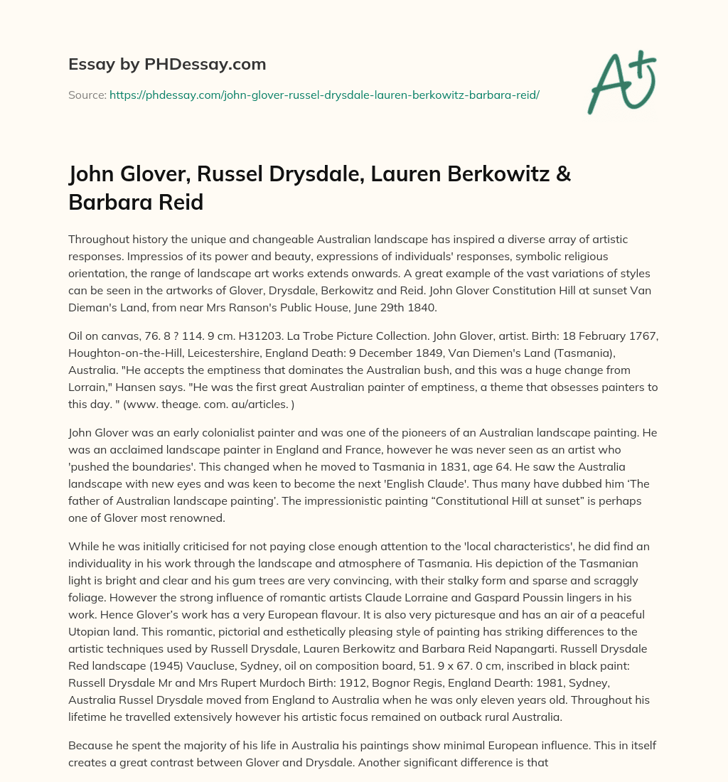 John Glover, Russel Drysdale, Lauren Berkowitz & Barbara Reid essay