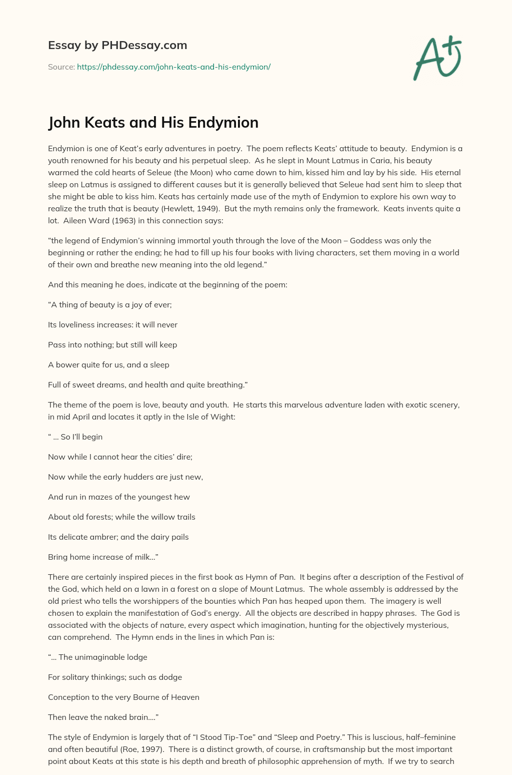 John Keats and His Endymion essay