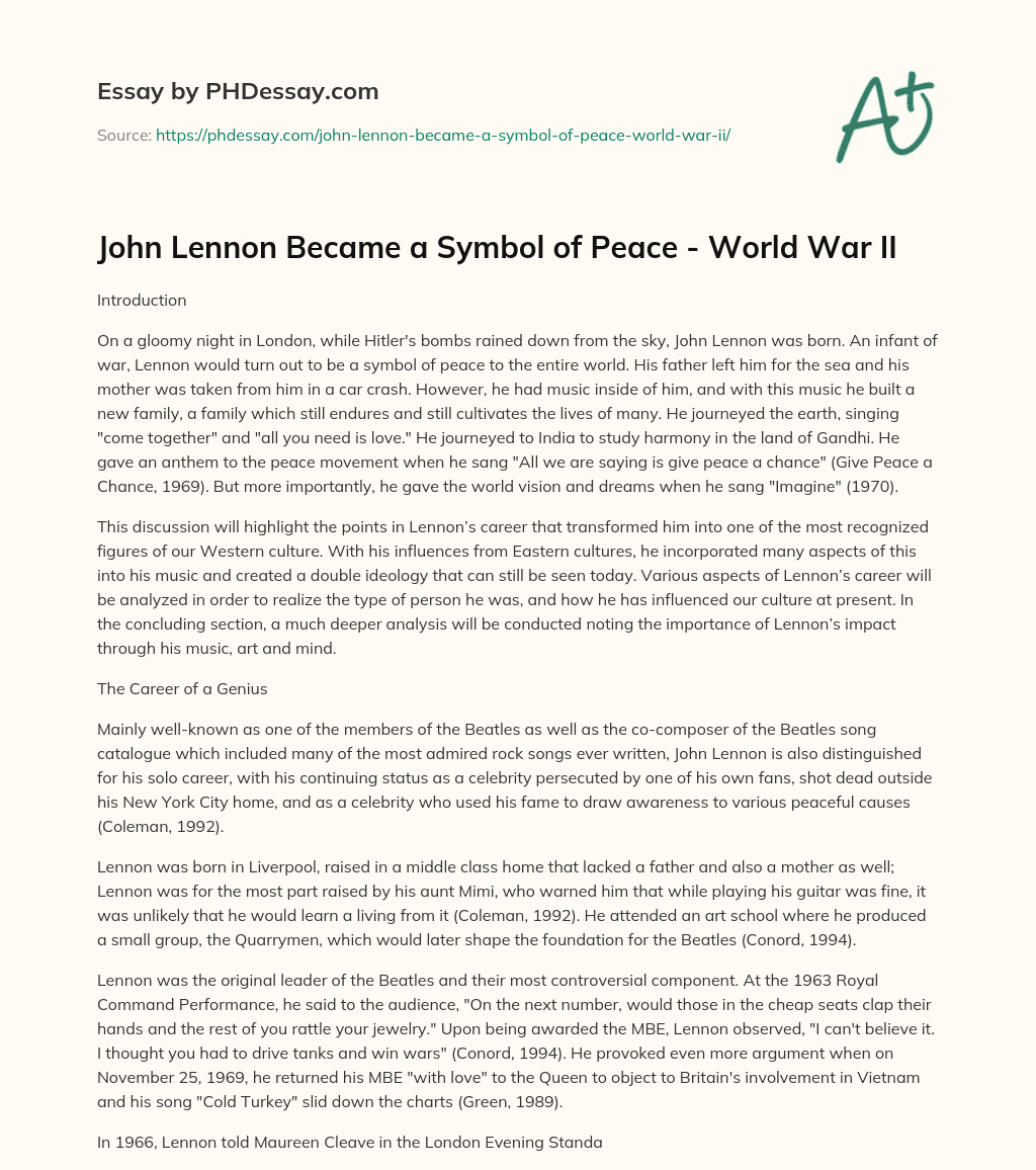 John Lennon Became a Symbol of Peace – World War II essay