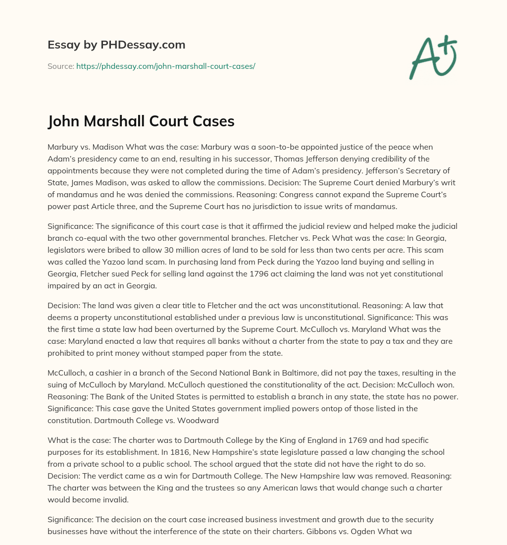 John Marshall Court Cases essay