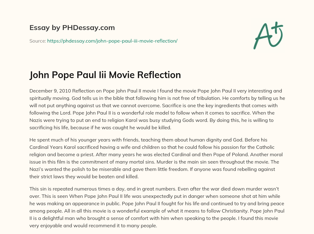 John Pope Paul Iii Movie Reflection essay