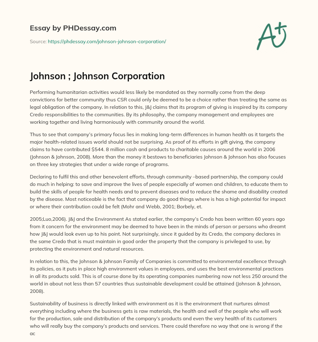 Johnson ; Johnson Corporation essay