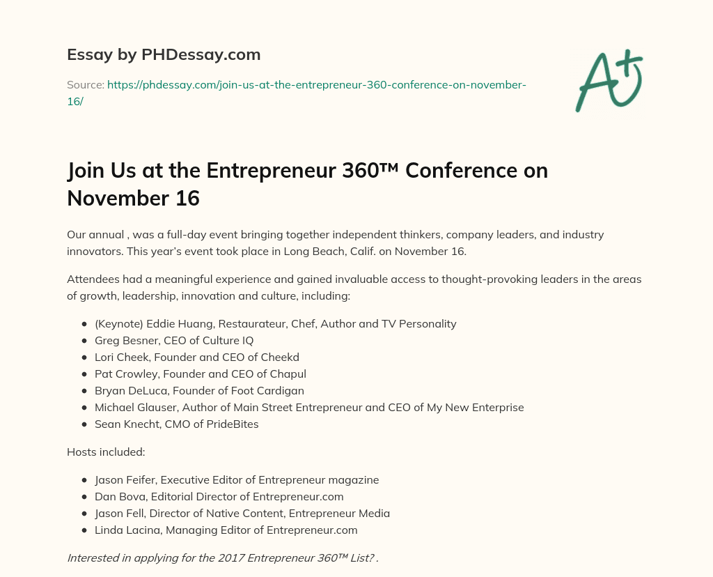 Join Us at the Entrepreneur 360™ Conference on November 16 essay