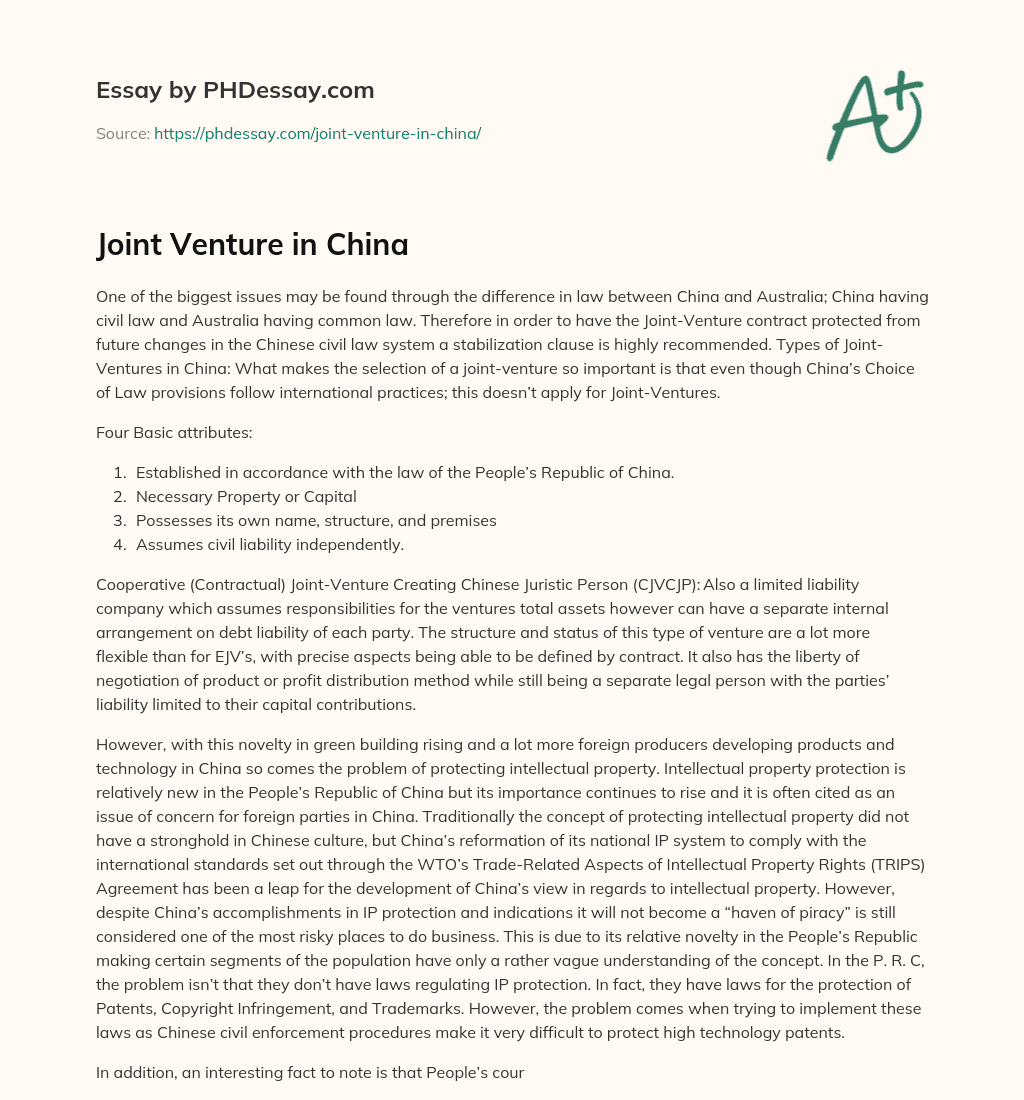 Joint Venture in China essay