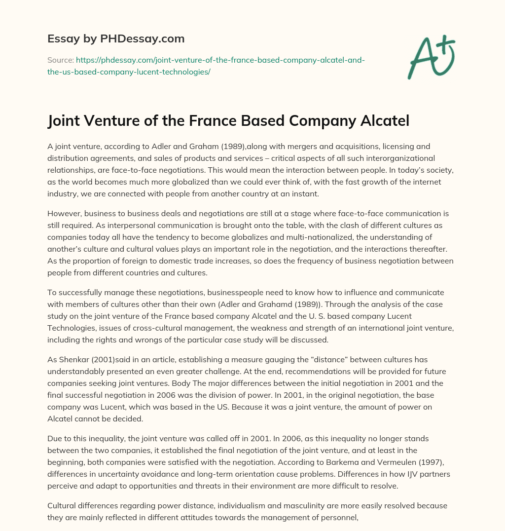 Joint Venture of the France Based Company Alcatel essay