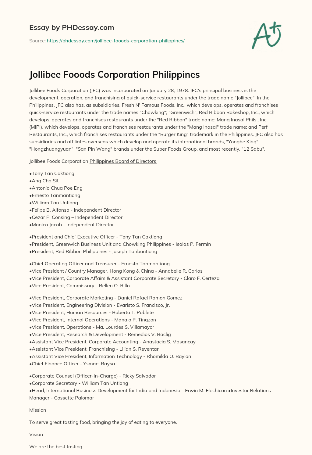 jollibee experience essay