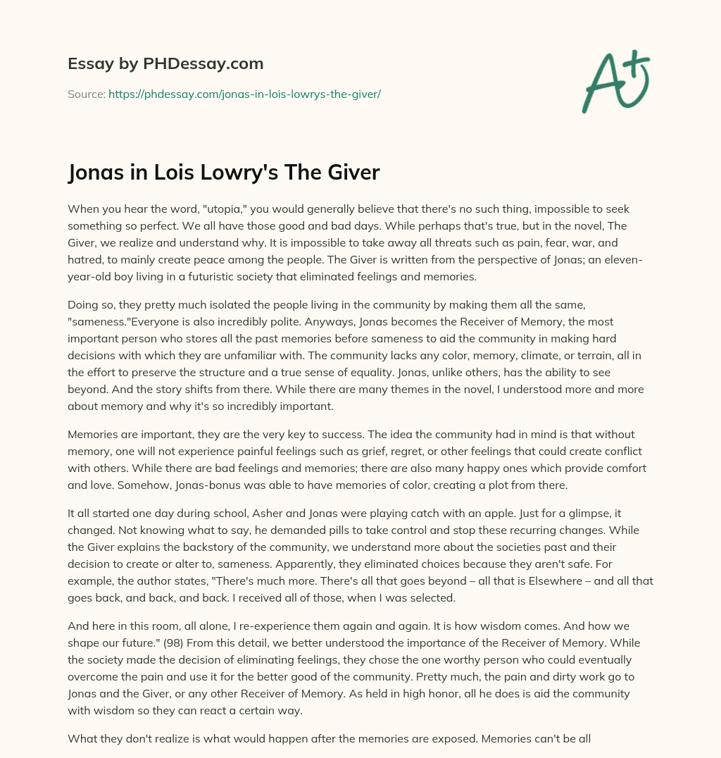 essay about jonas from the giver