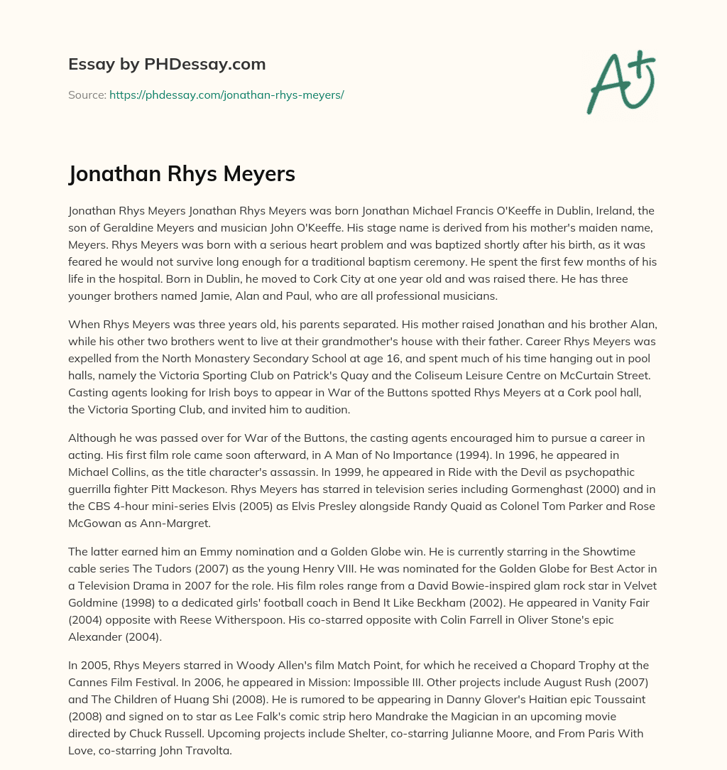 Jonathan Rhys Meyers essay