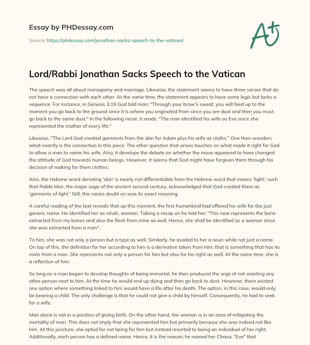 Lord/Rabbi Jonathan Sacks Speech to the Vatican essay