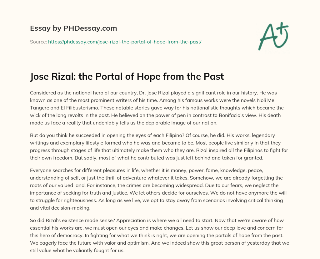 Jose Rizal: the Portal of Hope from the Past essay