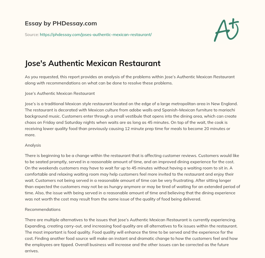 Jose’s Authentic Mexican Restaurant essay