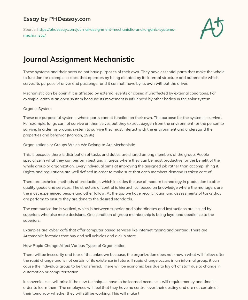 Journal Assignment Mechanistic essay