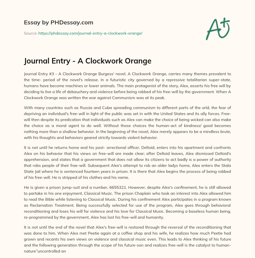 Journal Entry – A Clockwork Orange essay