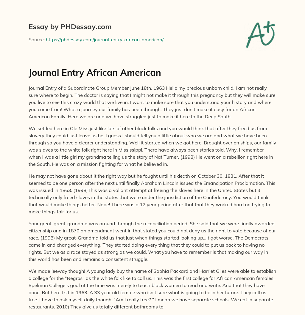 Journal Entry African American essay