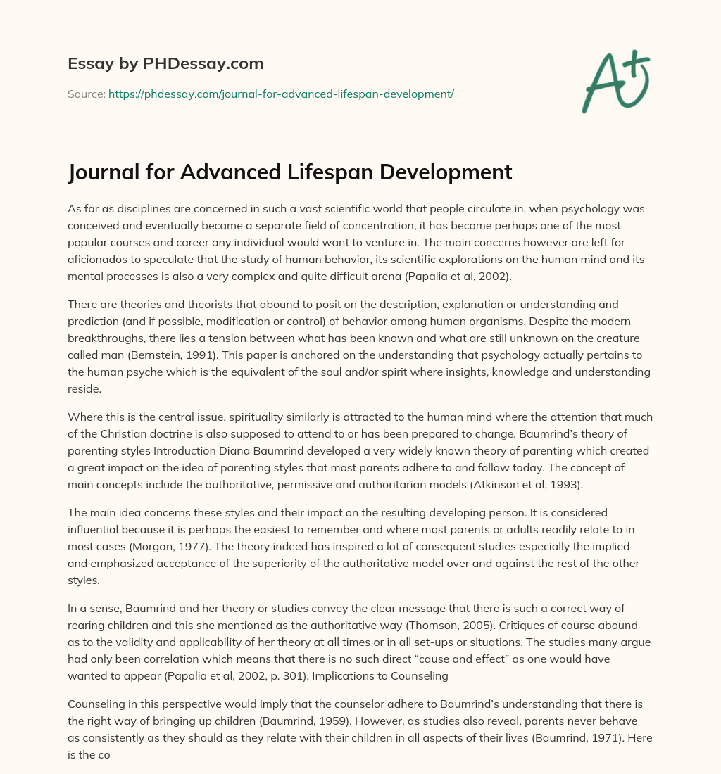 Journal for Advanced Lifespan Development essay
