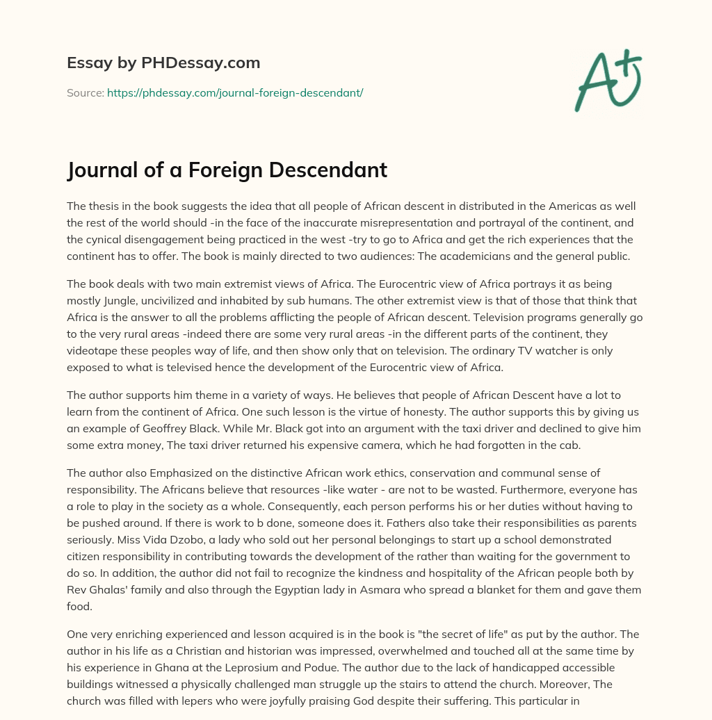 Journal of a Foreign Descendant essay