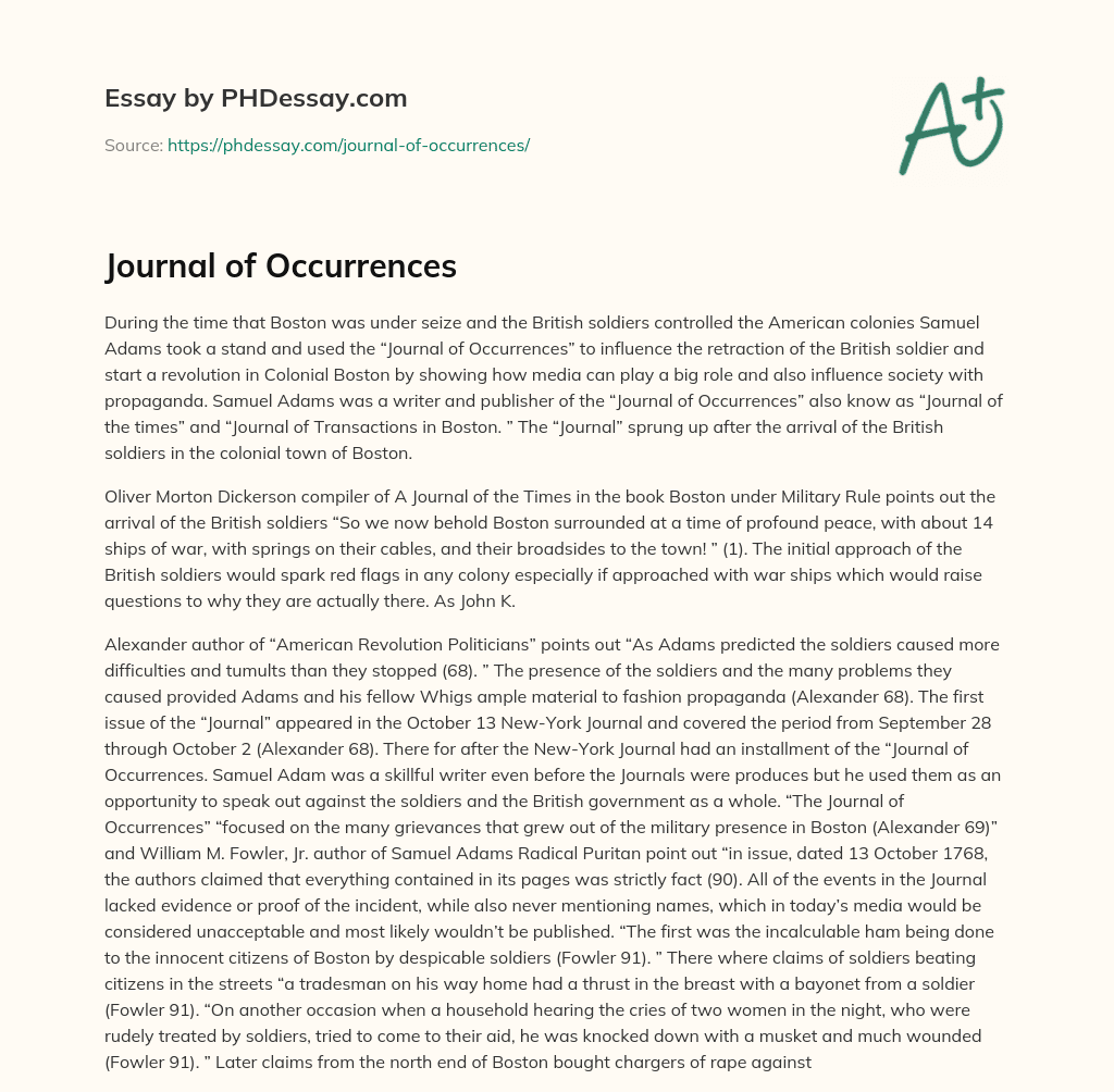 Journal of Occurrences essay