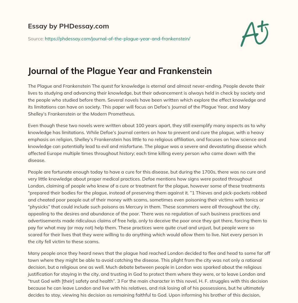 Journal of the Plague Year and Frankenstein essay