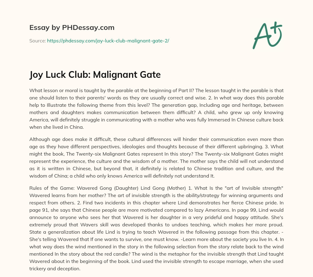 Joy Luck Club: Malignant Gate essay