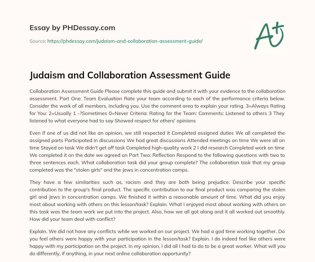 Judaism and Collaboration Assessment Guide essay
