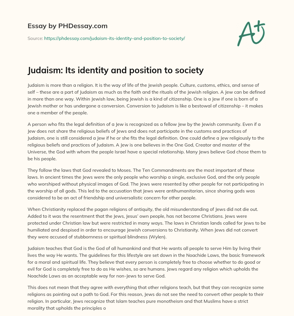 Judaism: Its identity and position to society essay