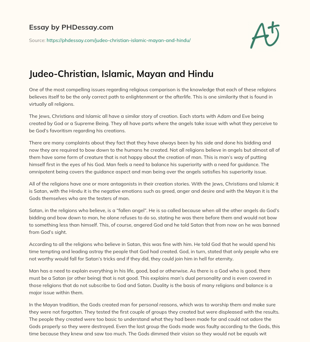Judeo-Christian, Islamic, Mayan and Hindu essay