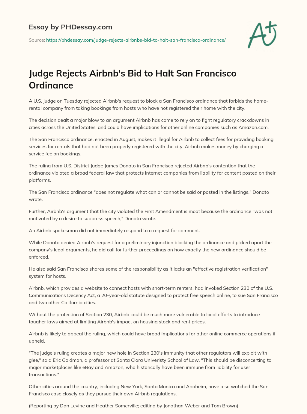 Judge Rejects Airbnb’s Bid to Halt San Francisco Ordinance essay