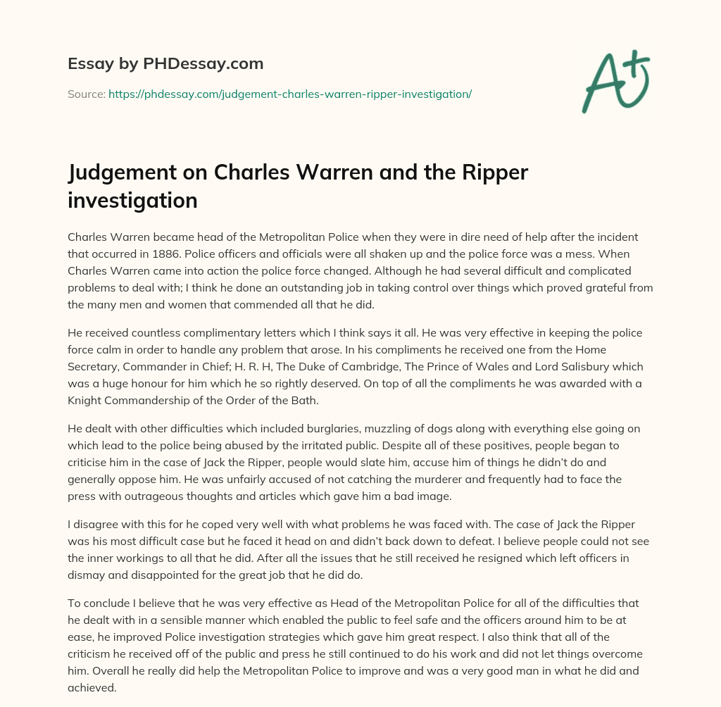 Judgement on Charles Warren and the Ripper investigation essay