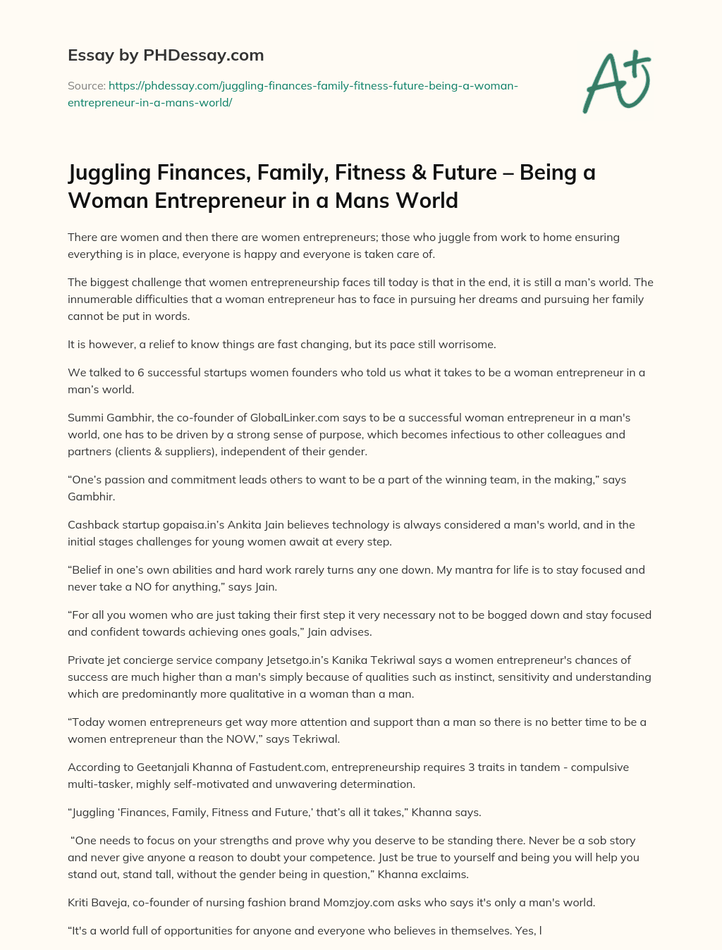 Juggling Finances, Family, Fitness & Future – Being a Woman Entrepreneur in a Mans World essay