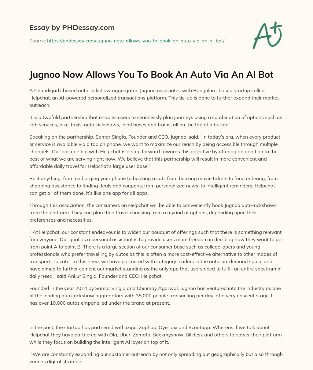 Jugnoo Now Allows You To Book An Auto Via An AI Bot essay