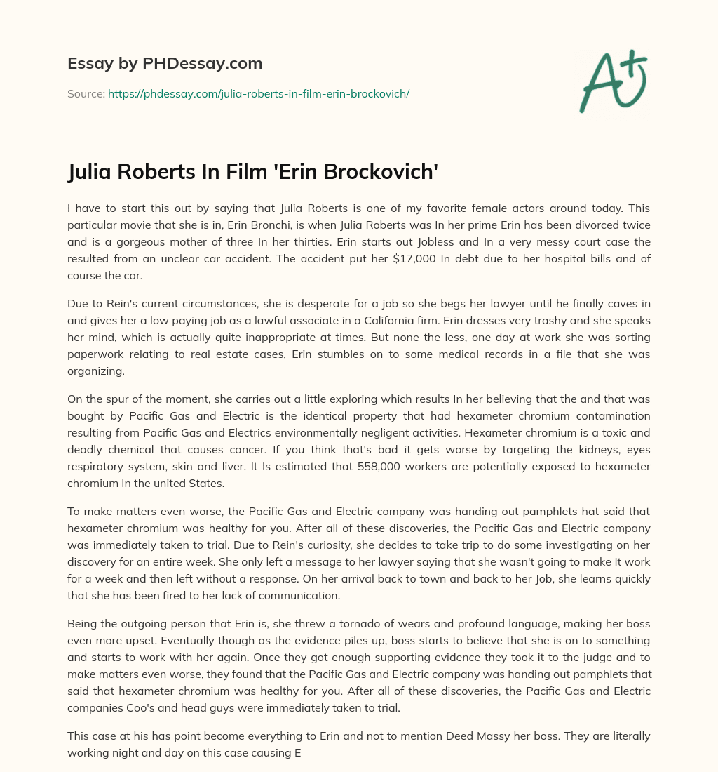 Julia Roberts In Film ‘Erin Brockovich’ essay