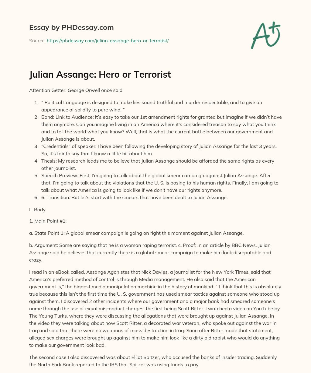 Julian Assange: Hero or Terrorist essay